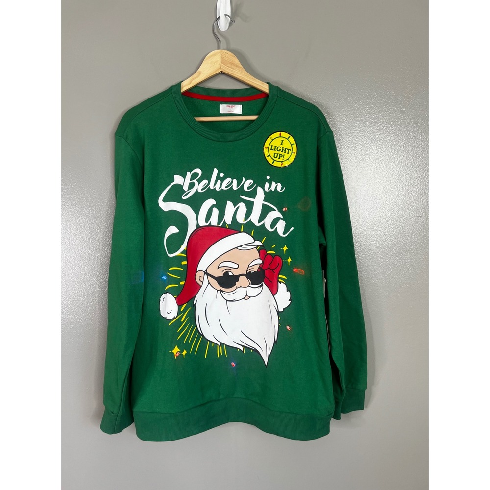 Holiday Time Believe in Santa Light Up Green Sweatshirt Mens Large HT46020111A